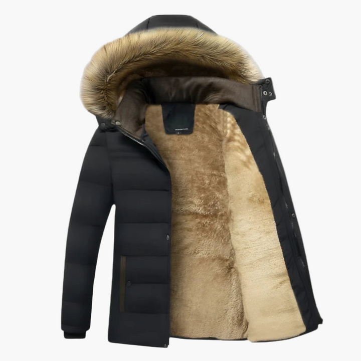Schwarze Winterjacke mit Fellkapuze und warmem Plüschfutter geöffnet