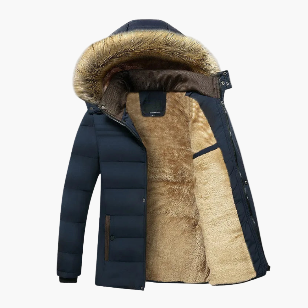 Winterjacke dunkelblau mit Fellkapuze und Kunstpelzfutter, seitliche Ansicht
