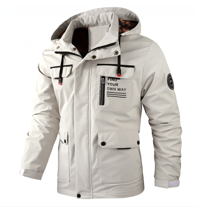 Herren Regenjacke in Beige mit Kapuze und mehreren Cargo-Taschen