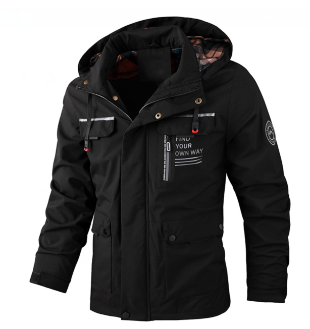 Schwarze wasserdichte Herrenjacke mit Kapuze und Karo-Innenfutter