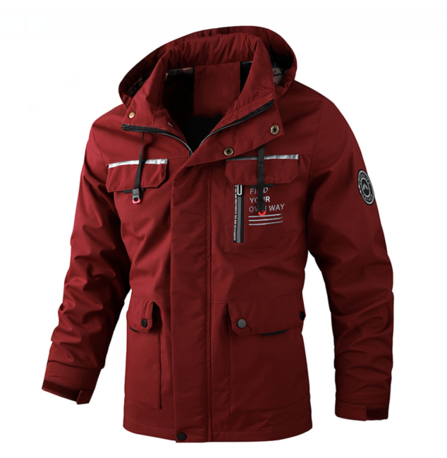 Weinrote Outdoorjacke für Herren mit Kapuze und Brusttaschen