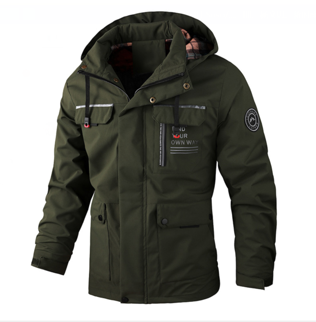 Olivgrüne Herren Regenjacke mit Kapuze und funktionalen Taschen