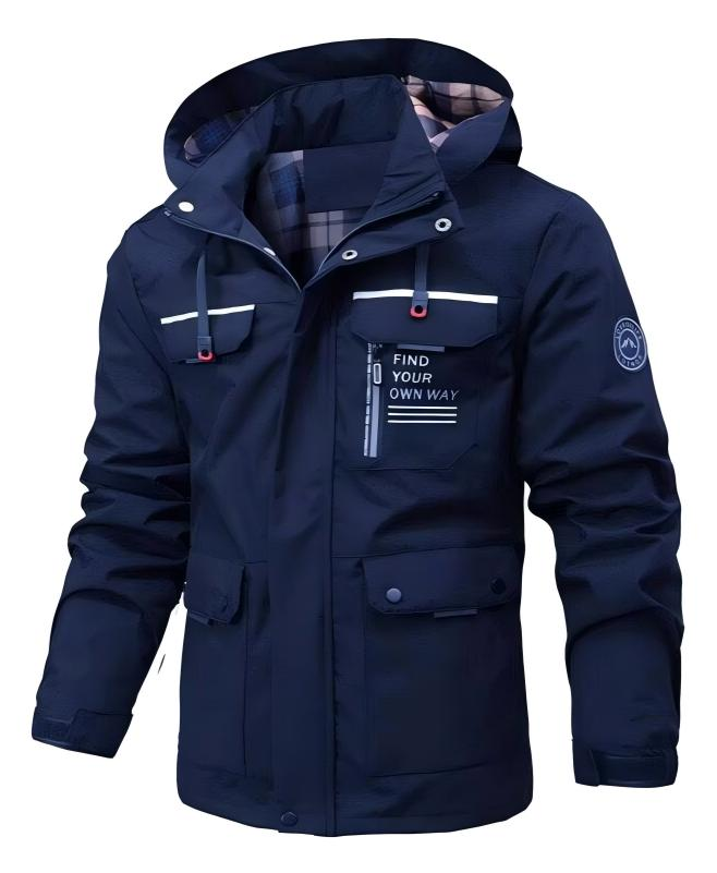 Dunkelblaue leichte Herrenjacke mit Kapuze und Karofutter