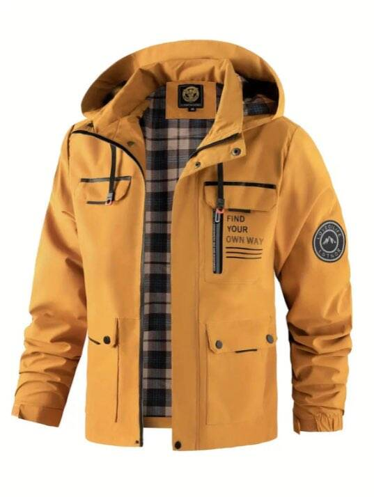 Senffarbene wasserdichte Jacke für Herren mit Kapuze und Cargotaschen