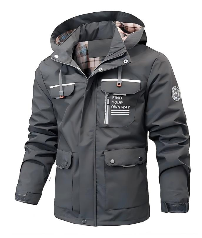 Graue Herren Regenjacke mit Kapuze und mehreren Reißverschlusstaschen