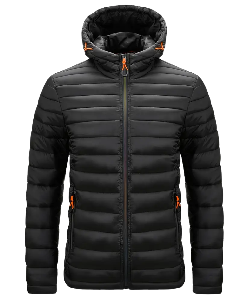 Schwarze Steppjacke mit Kapuze und orangefarbenen Zipper-Details, Vorderansicht