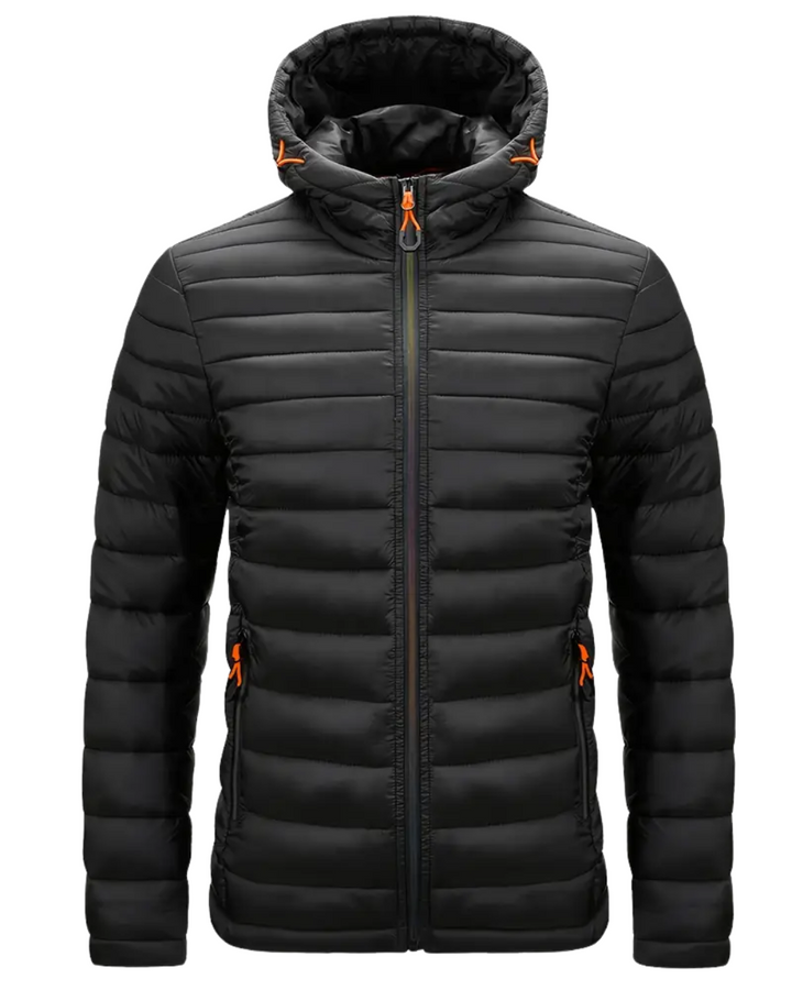 Schwarze Steppjacke mit Kapuze und orangefarbenen Zipper-Details, Vorderansicht