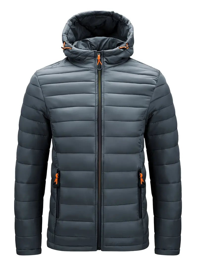 Graue Steppjacke mit Kapuze und kontrastfarbenen Zippern, Vorderansicht