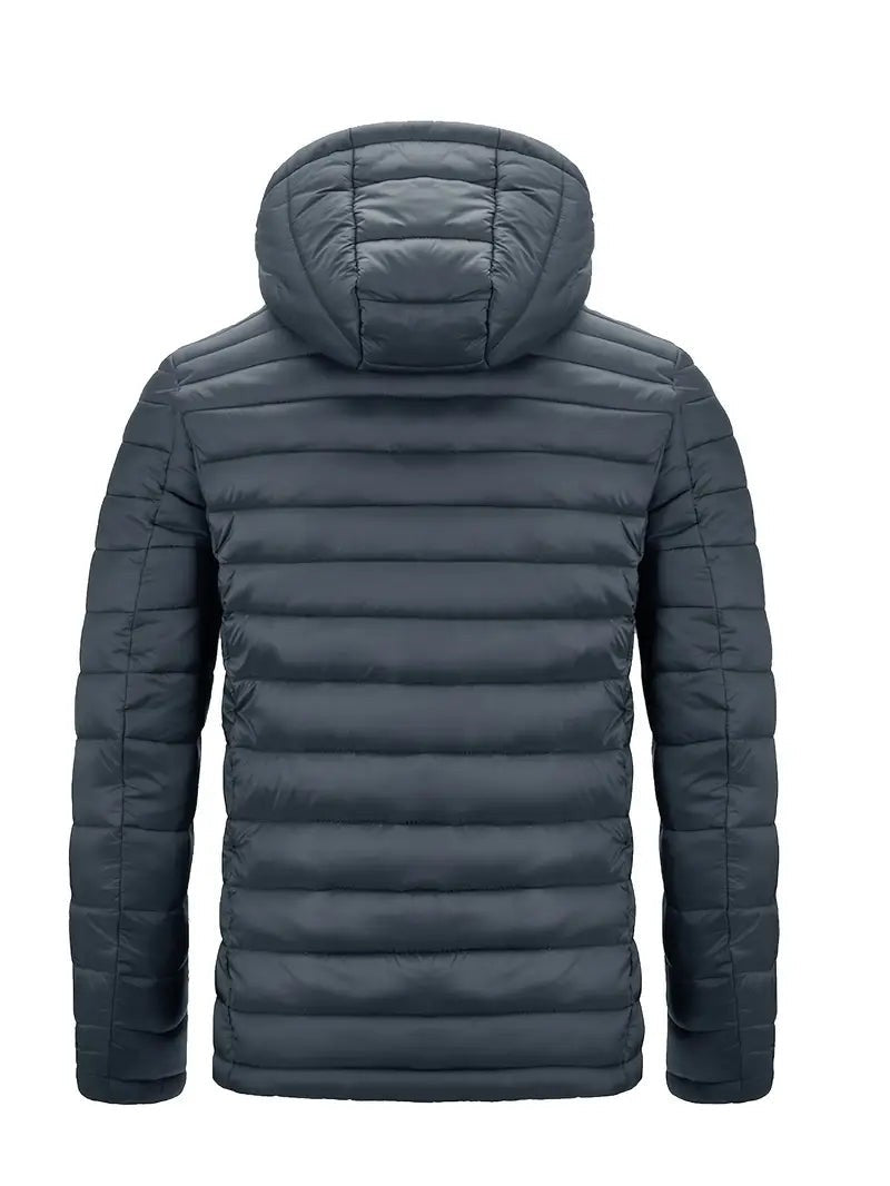 Dunkelgraue Kapuzenjacke von hinten mit horizontaler Steppung
