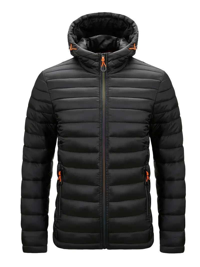 Herren-Steppjacke schwarz mit Stehkragen und Reißverschlusstaschen, Frontansicht