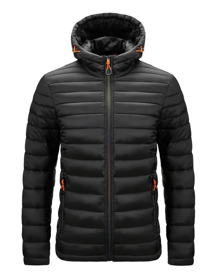 Herren-Steppjacke schwarz mit Stehkragen und Reißverschlusstaschen, Frontansicht
