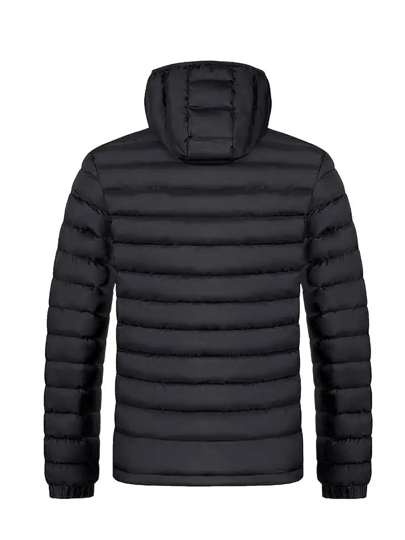 Schwarze Kapuzenjacke von hinten mit durchgehender Steppung