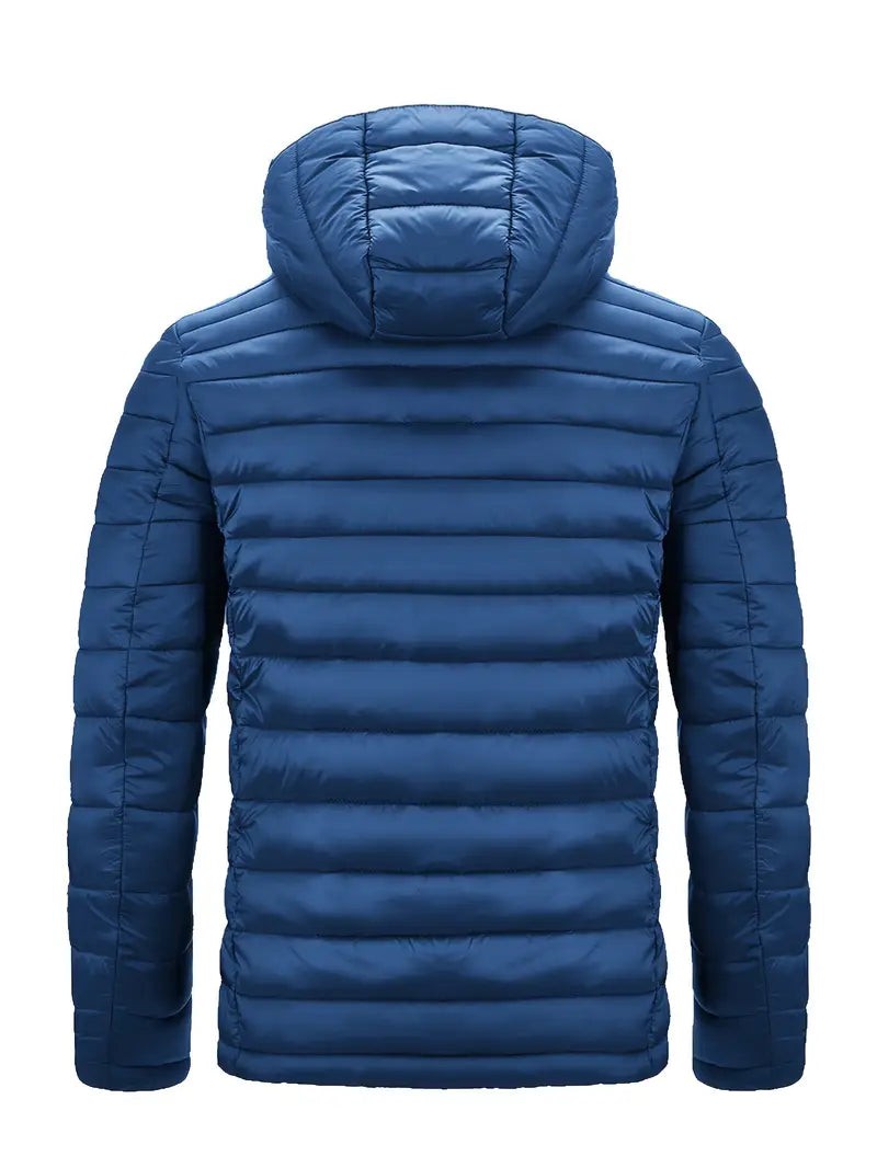 Blaue Kapuzenjacke von hinten mit gestepptem Design