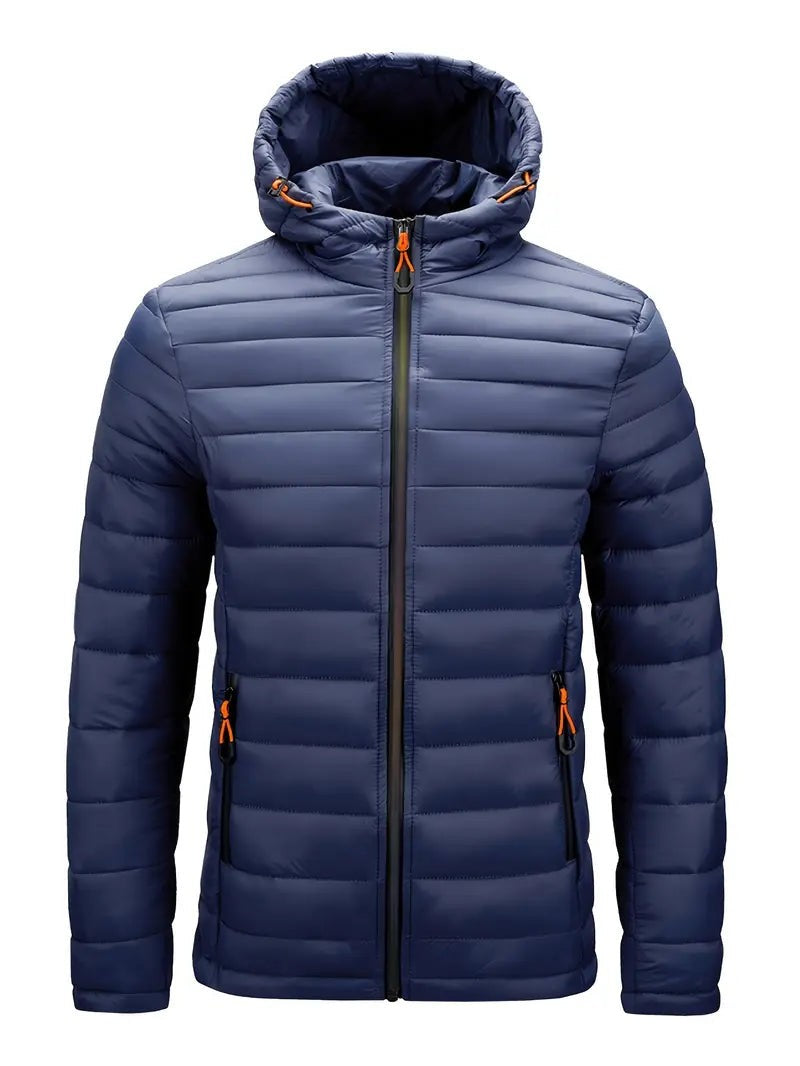 Dunkelblaue Steppjacke mit Kapuze und Reißverschlusstaschen, Frontansicht