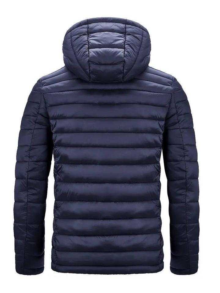 Marineblaue Kapuzenjacke von hinten mit strukturierter Steppnaht