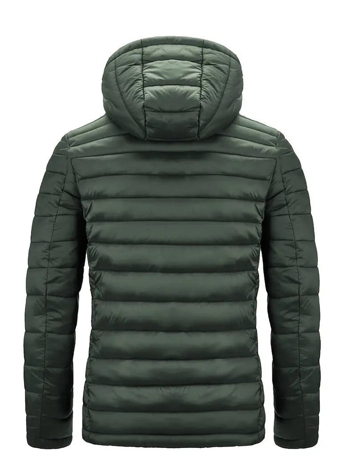 Olivgrüne Kapuzenjacke von hinten mit gesteppter Textur