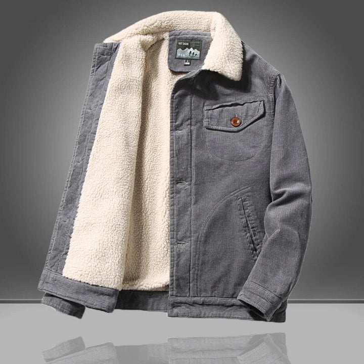 Graue Cordjacke Herren mit warmem Fellfutter und Knopfleiste