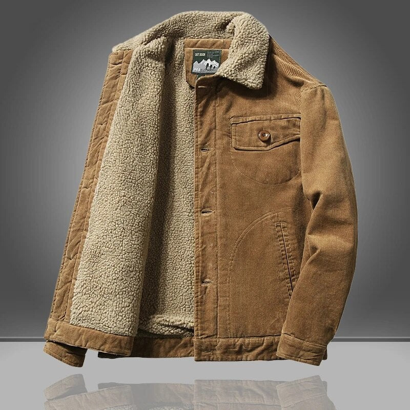 Camelbraune Winterjacke aus Cord mit Sherpa-Futter für Herren