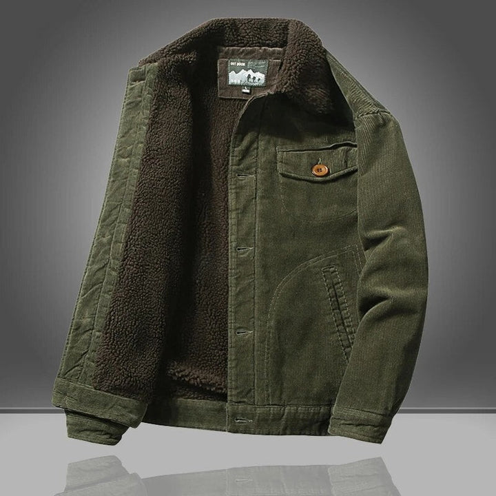 Olivgrüne Cordjacke mit Teddyfell-Futter und Brusttasche