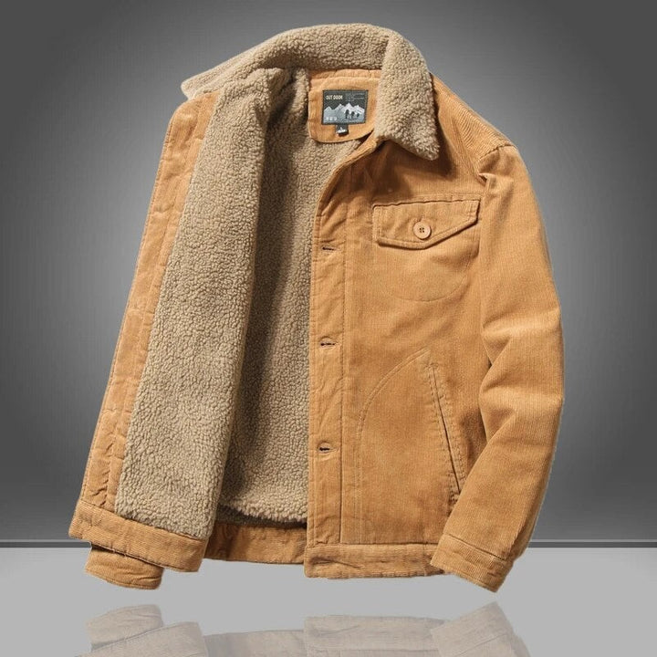 Senfgelbe Herren-Winterjacke aus Cord mit kuscheligem Fellkragen