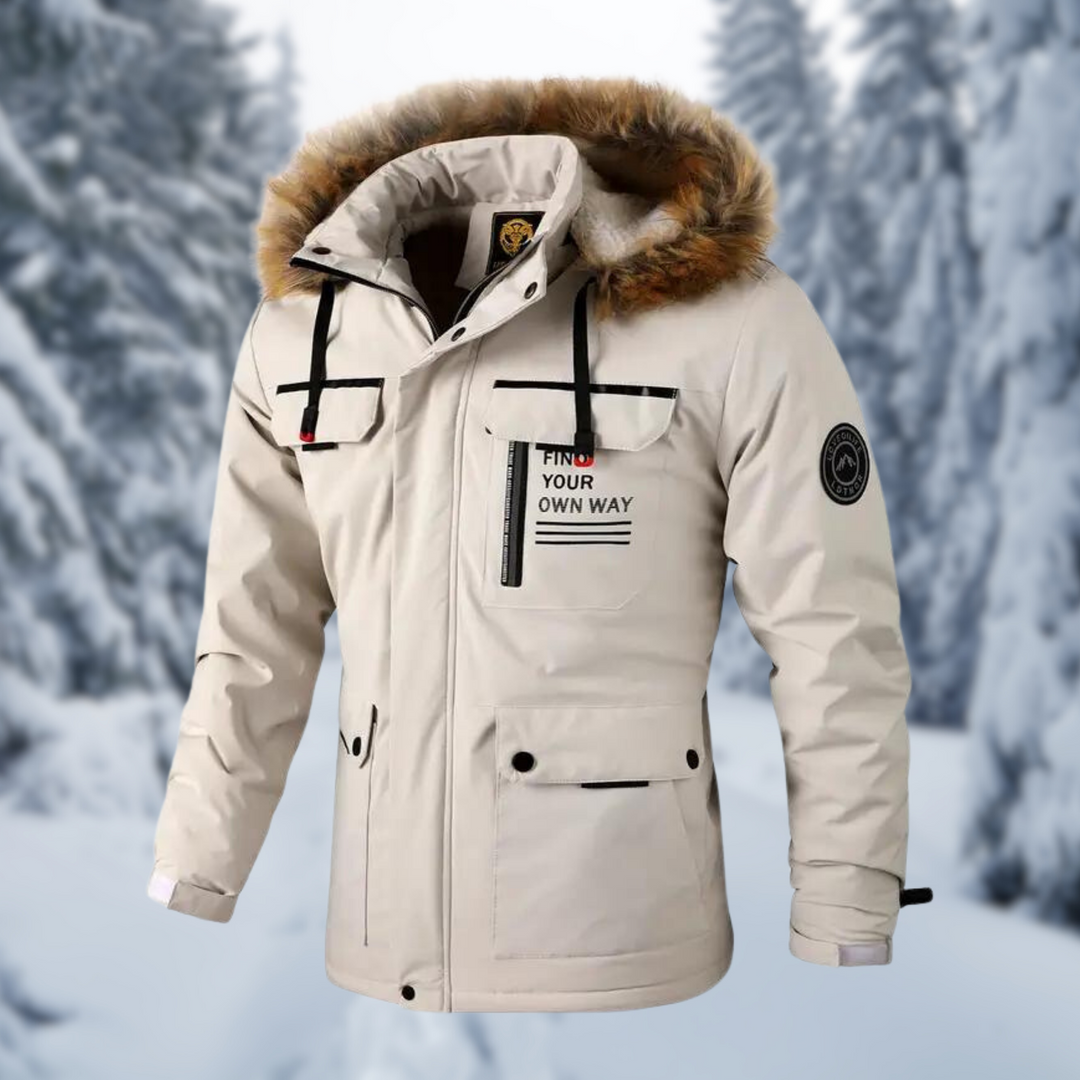 Herren-Winterparka in Beige mit Kunstfellkapuze und Brusttasche