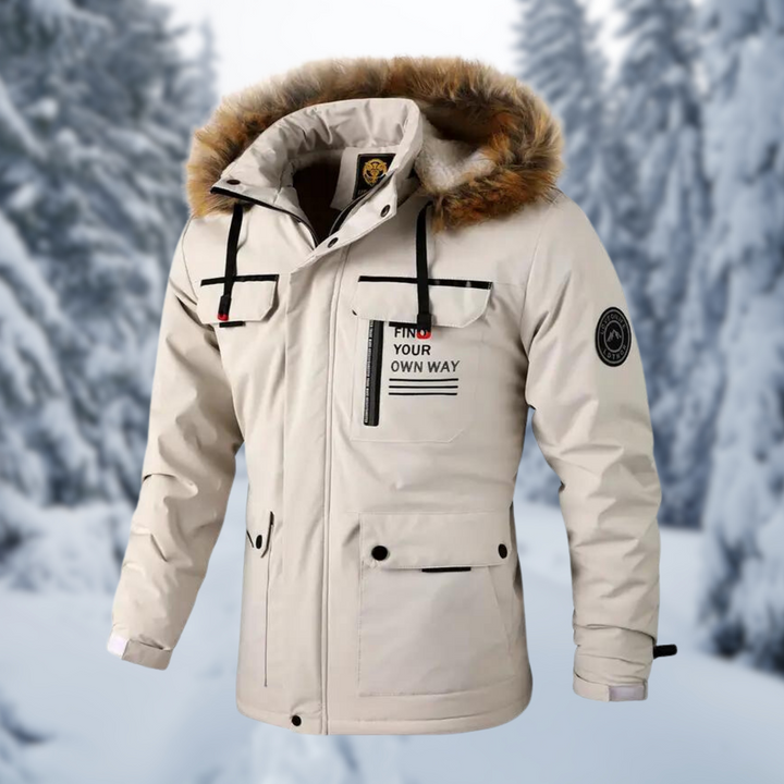 Herren-Winterparka in Beige mit Kunstfellkapuze und Brusttasche