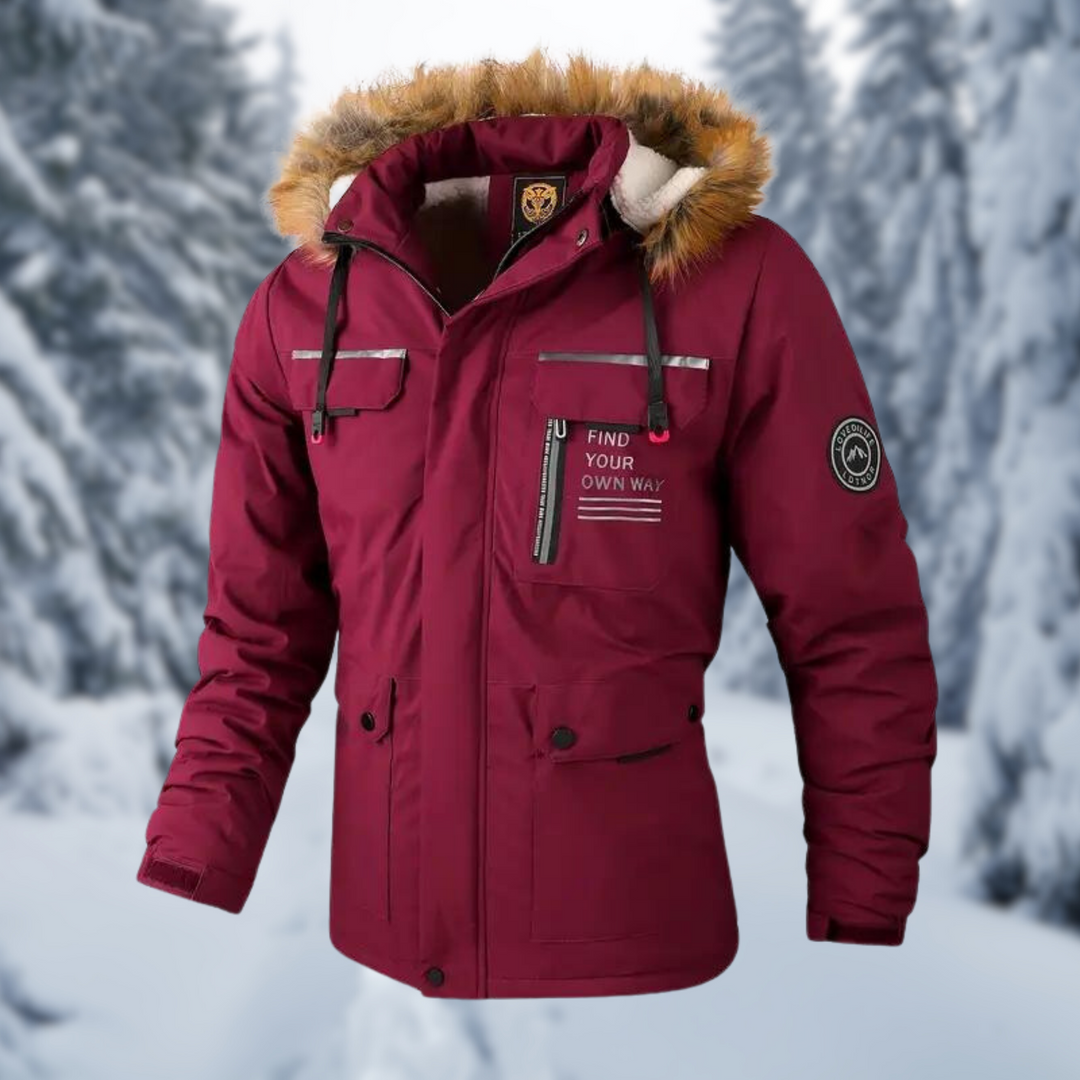 Weinrote Kapuzenjacke mit Kunstfellbesatz und Reflektorstreifen