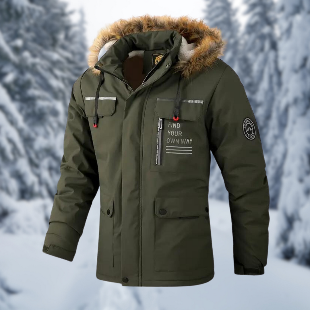 Olivgrüner Parka mit Fellkapuze und funktionalen Cargotaschen
