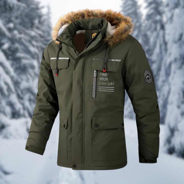 Olivgrüner Parka mit Fellkapuze und funktionalen Cargotaschen