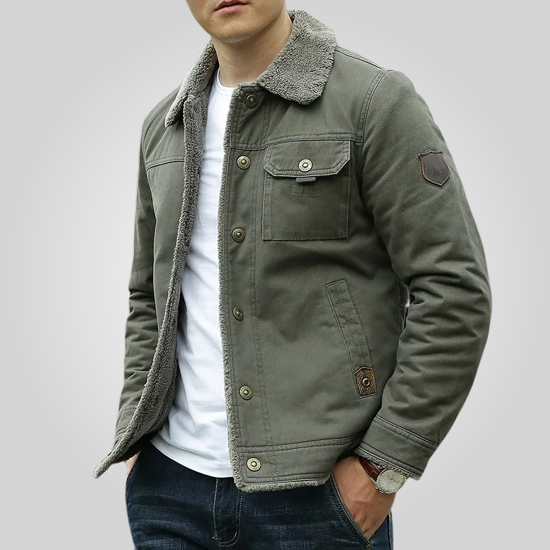 Olivgrüne Herrenjacke mit Fellkragen und aufgesetzter Brusttasche