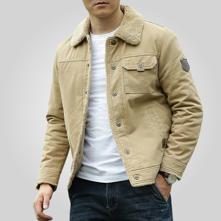 Khakifarbene Herrenjacke mit Teddyfutter und Kunstfellkragen
