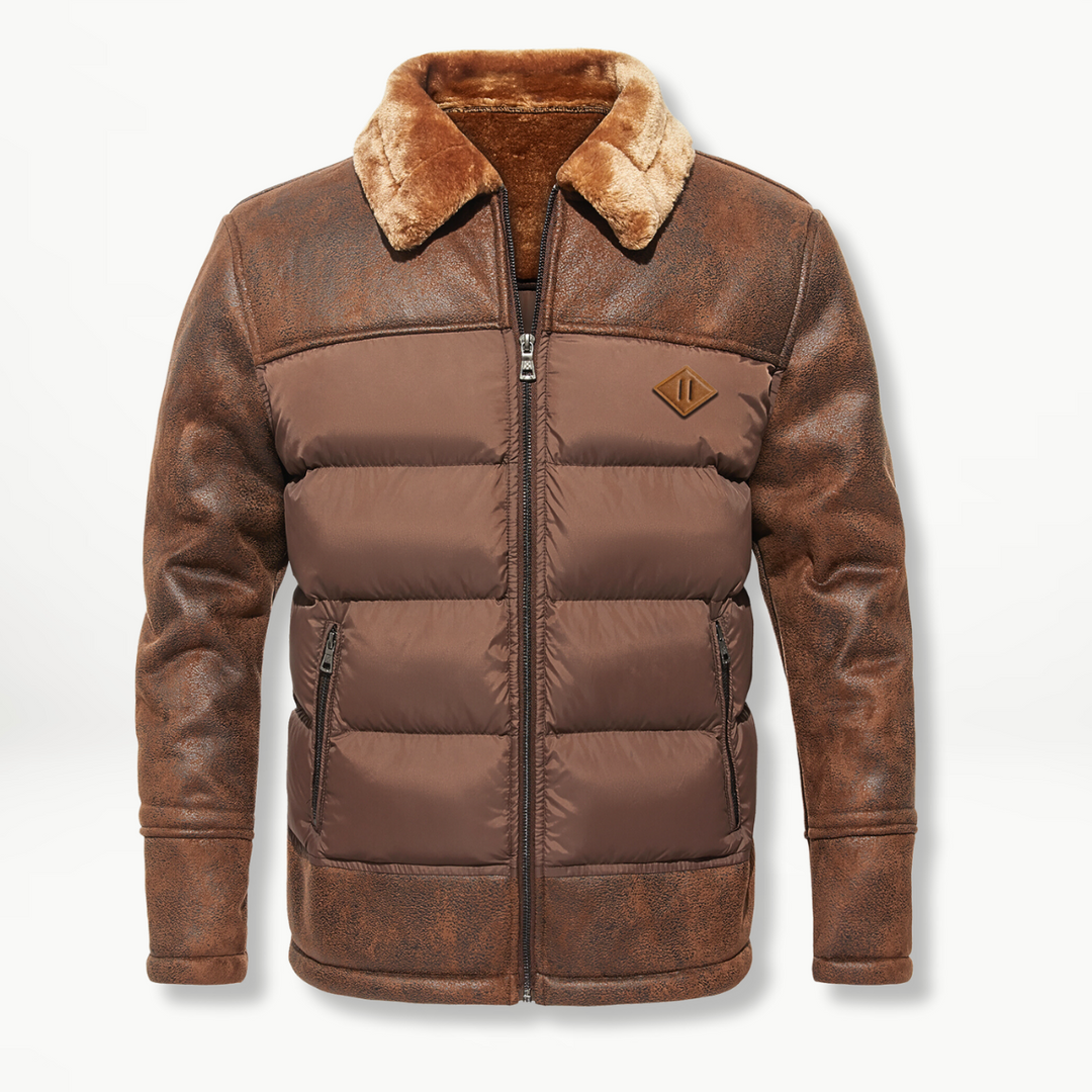 Braune Herren-Winterjacke mit Kunstfellkragen und gestepptem Steppfutter