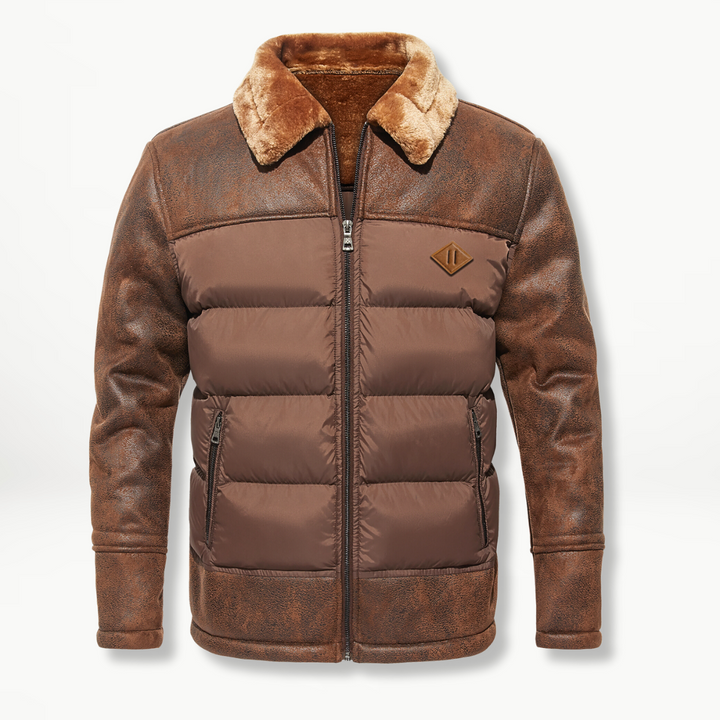 Braune Herren-Winterjacke mit Kunstfellkragen und gestepptem Steppfutter