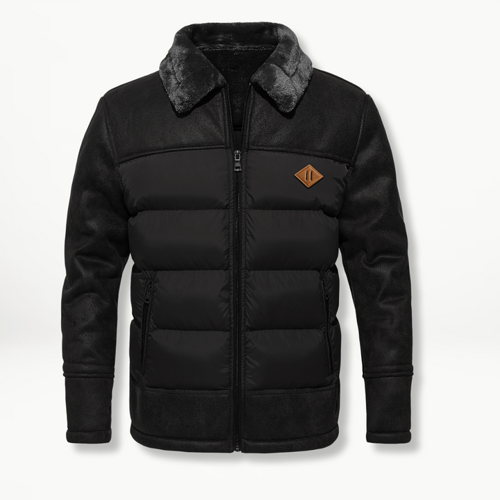 Schwarze Herren-Winterjacke mit Fellkragen und gepolstertem Steppdesign