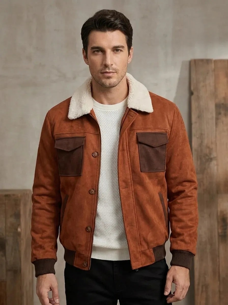 Herren Wildlederjacke in Rostbraun mit Sherpa-Kragen und Kontrasttaschen