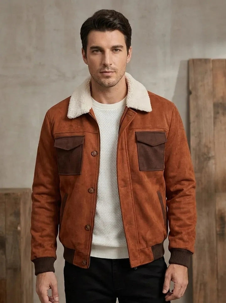 Herren Wildlederjacke in Rostbraun mit Sherpa-Kragen und Kontrasttaschen
