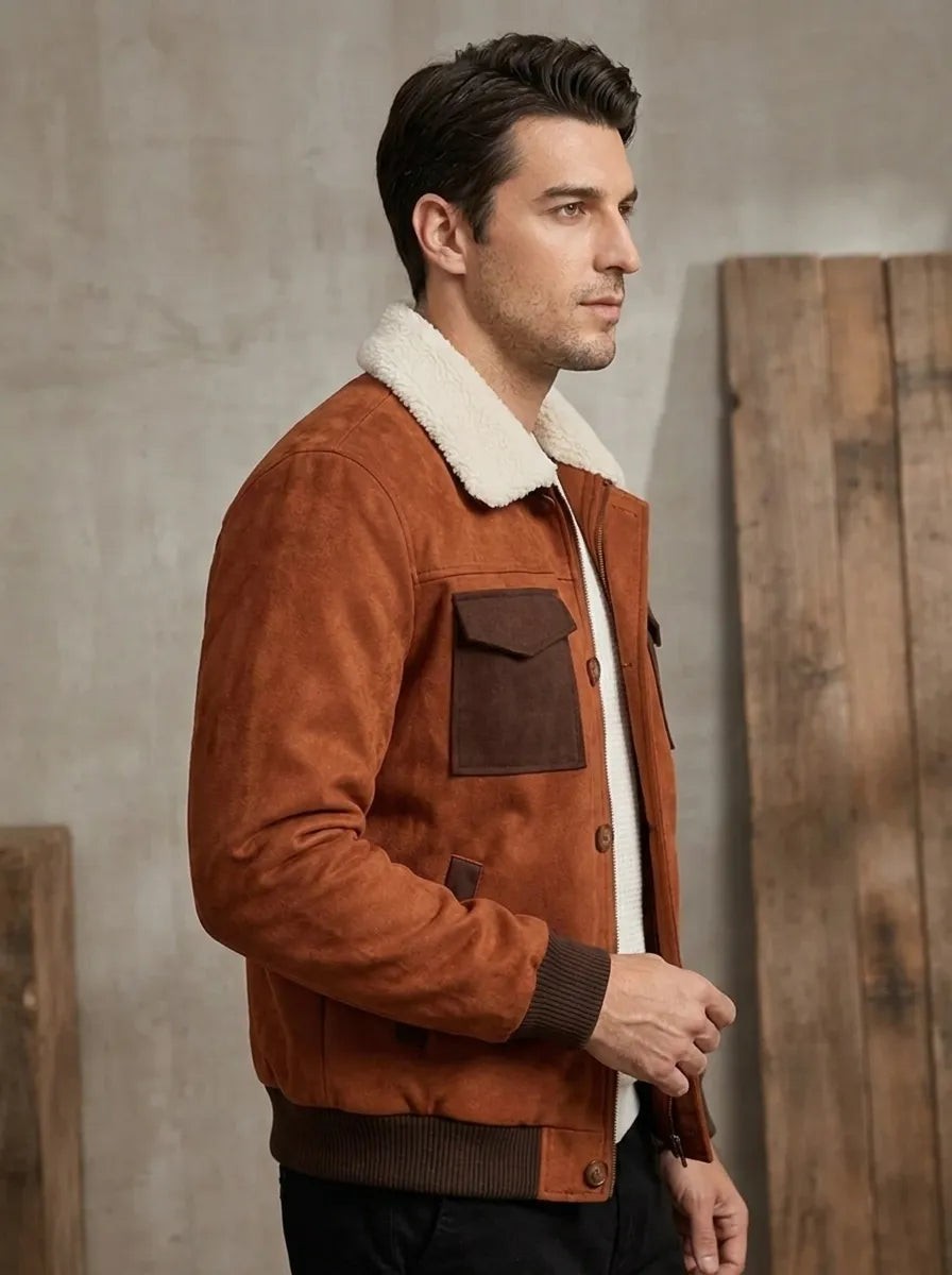 Seitenansicht der Sherpa-Jacke in Rostbraun mit Kunstfellkragen