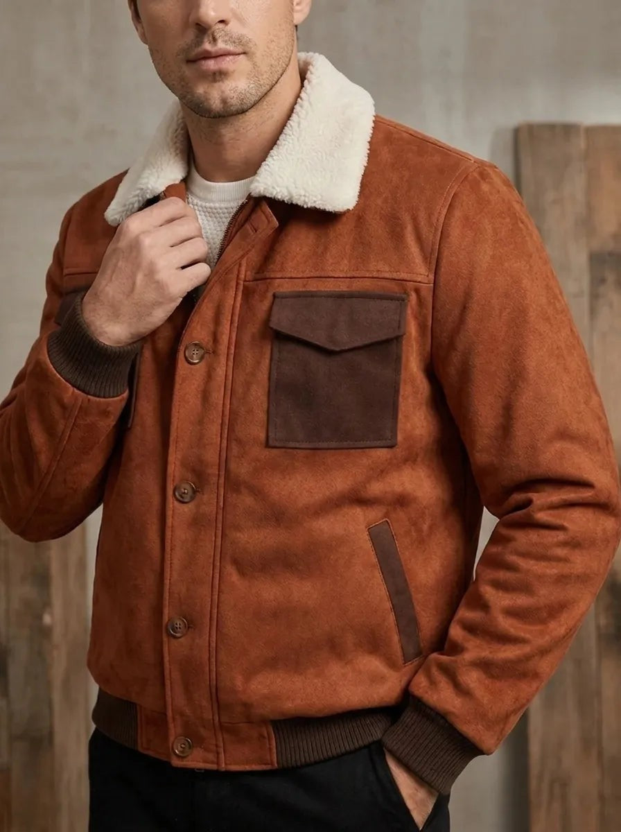 Nahaufnahme des Sherpa-Kragens und der Brusttaschen einer braunen Jacke
