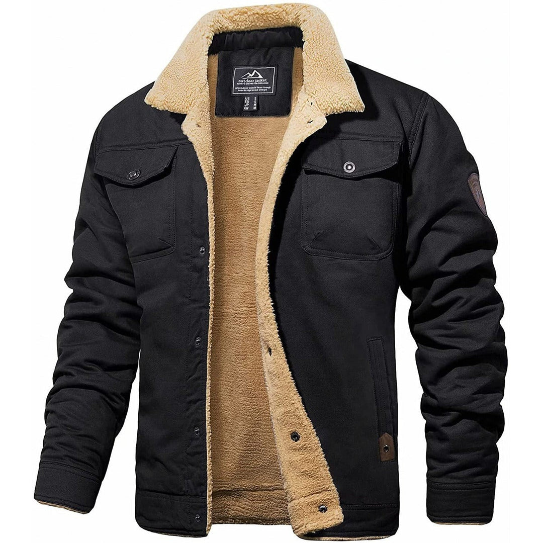 Herren Fleecejacke schwarz mit Teddyfell-Kragen und Knopfleiste