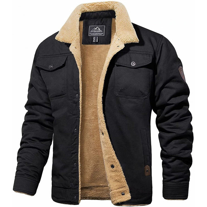 Herren Fleecejacke schwarz mit Teddyfell-Kragen und Knopfleiste