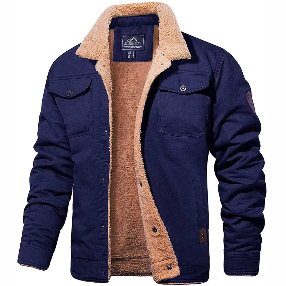 Warme Herrenjacke dunkelblau mit Sherpa-Futter und Brusttaschen