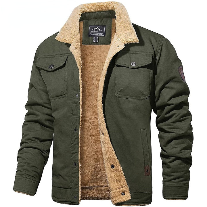 Olivgrüne Herrenjacke mit Sherpa-Kragen und Knopfverschluss