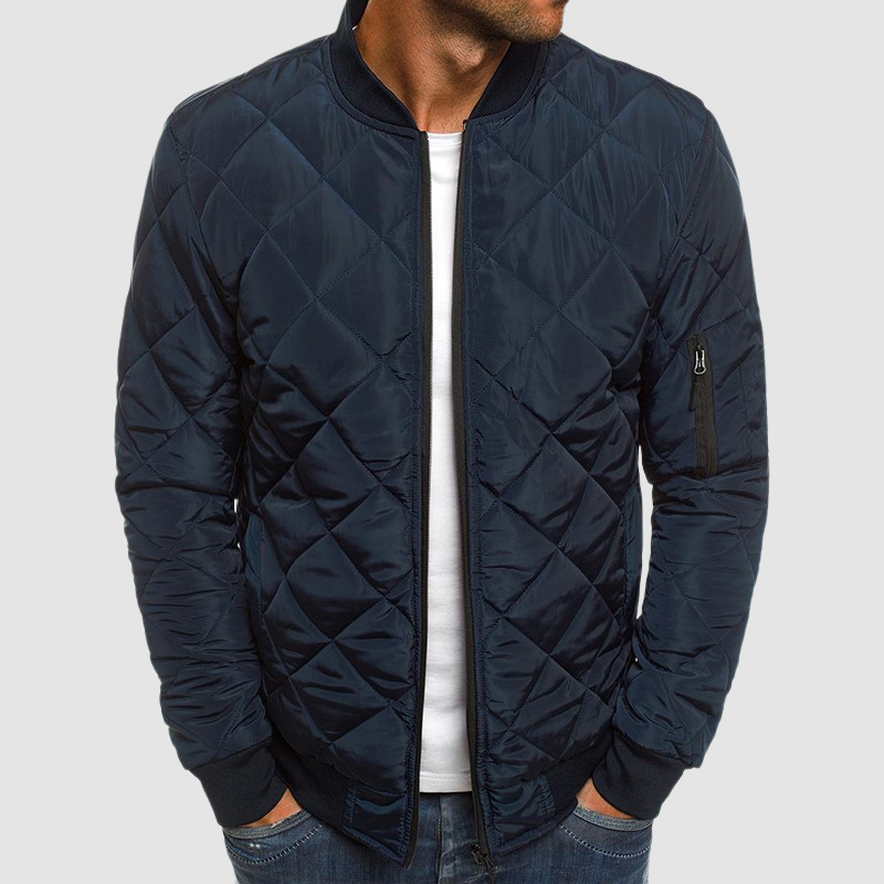 Dunkelblaue gesteppte Herrenjacke mit Ärmeltasche und Stehkragen