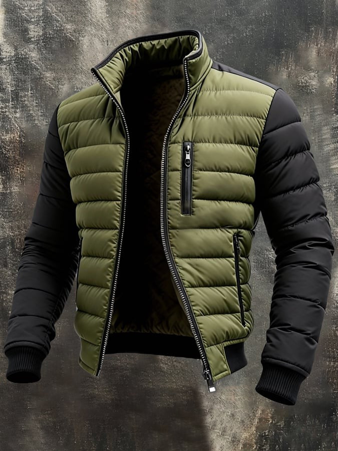 Steppjacke für Herren in Oliv-Schwarz mit Stehkragen und Reißverschluss