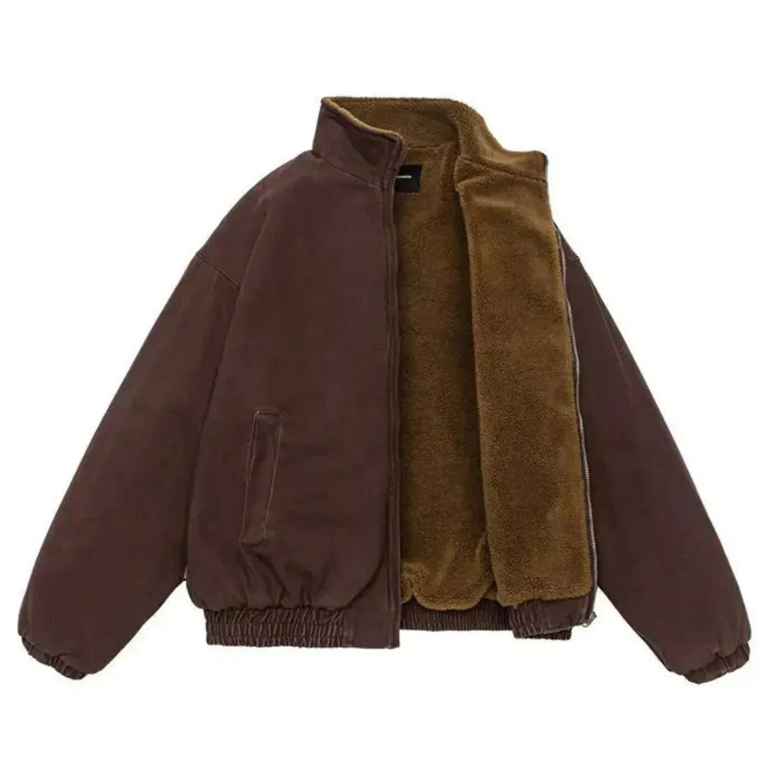 Braune Bomberjacke mit Sherpa-Fütterung und offenem Reißverschluss
