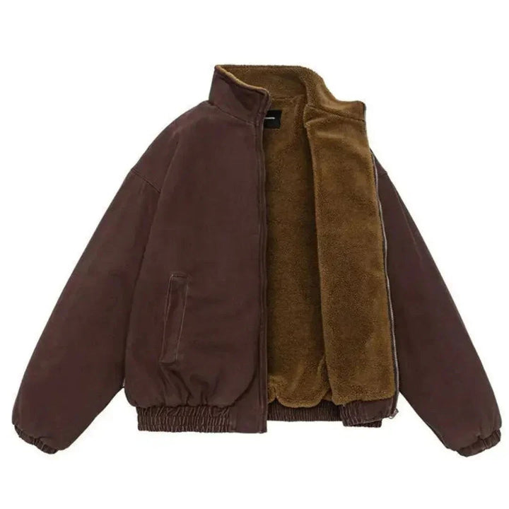Braune Bomberjacke mit Sherpa-Fütterung und offenem Reißverschluss