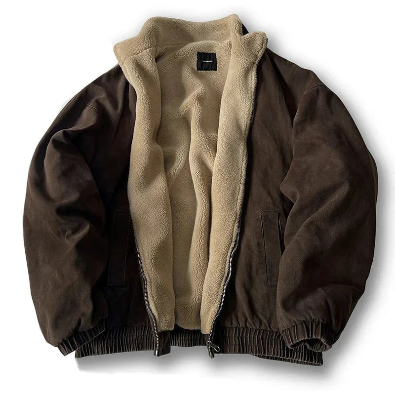 Braune Herrenjacke mit beigem Sherpa-Futter und Stehkragen