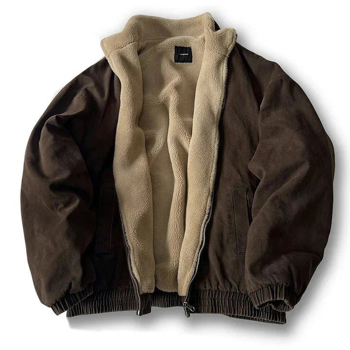 Braune Herrenjacke mit beigem Sherpa-Futter und Stehkragen