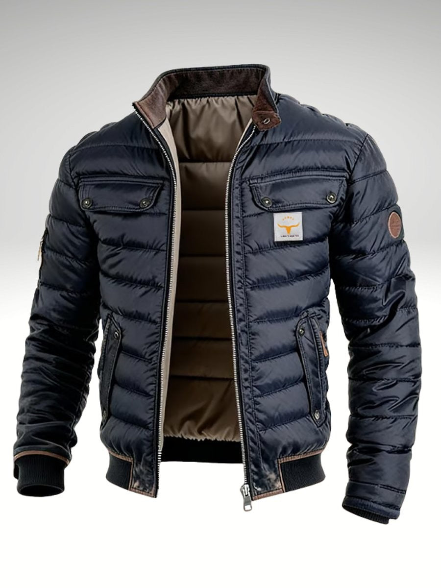 Dunkelblaue Herren-Steppjacke mit Stehkragen und Reißverschluss, gefüttert für den Winter