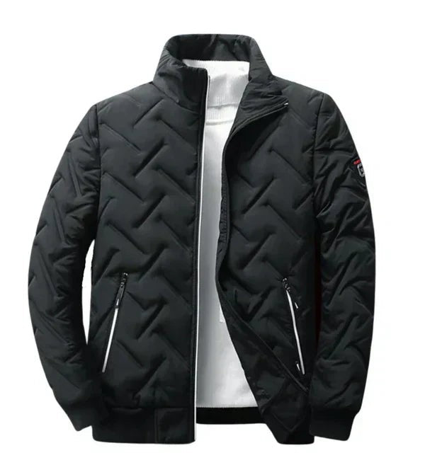 Schwarze gesteppte Herrenjacke mit Stehkragen und Reißverschlusstaschen